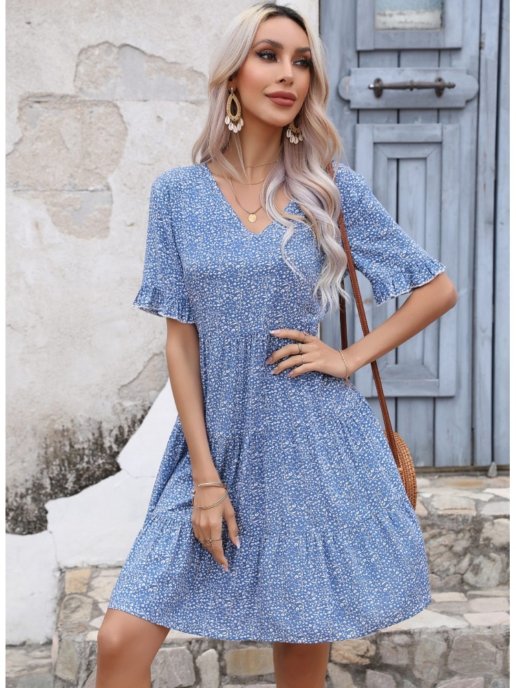 Ladies Vintage Summer Dress Floral Print Loose Dress Women Casual V-neck Ruffles Mini Dress 2023 Fashion Beach Sundress Vestidos
