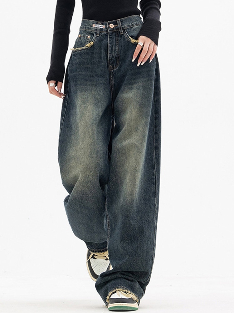 Women Vintage Streetwear Korean Baggy Cargo Jeans High Waist Straight Wide Leg Pants Denim Trousers Fairy Grunge Alt Clothes